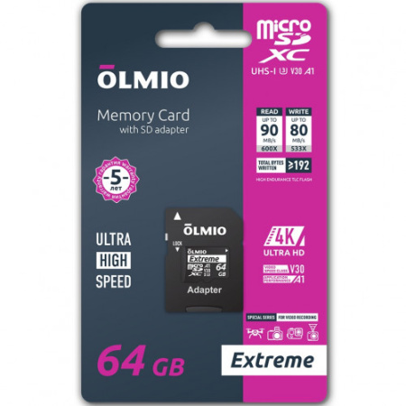 Карта памяти Olmio microSDHC 64GB Extreme UHS-I (U3) V30 A1 с адаптером 045589