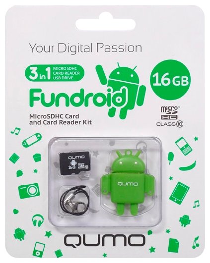 Карта памяти Qumo Fundroid microSDHC 16Gb Class 10   USB Card Reader (QM16GCR-MSD10-FD-WHT) в интернет-магазине 12 Вольт