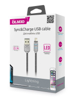 Кабель Olmio Led USB 2.0 - lightning 1.2м 2.1A серый