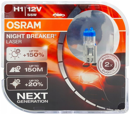 Галогенная лампа Osram H1 12V 55W (P14,5s) Night Breaker Laser DuoBox 64150NL-HCB