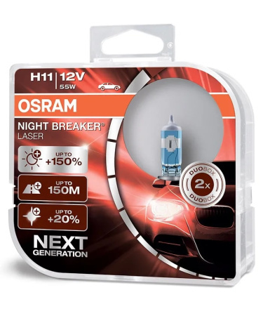Галогенная лампа Osram H11 12V 55W (PGJ19-2)  150% Night Breaker Laser DuoBox 64211NL-HCB