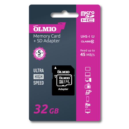 Карта памяти Olmio microSDHC 32GB Class 10 UHS-I с адаптером 039122
