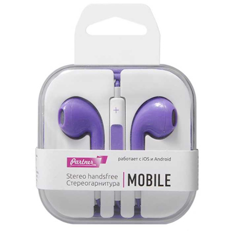 Наушники внутриканальные Patner Mobile 3.5 (Пластик с микрофоном и пультом ДУ) фиолетовые