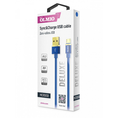 Кабель Olmio Deluxe USB 2.0 - microUSB 1м 2.1A синий