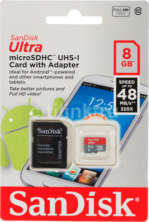 Карта памяти SanDisk Ultra microSDHC 8Gb Class 10 UHS-I U1   SD Adapter (SDSDQUAN-008G-G4A)