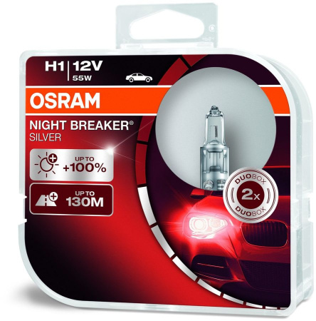 Галогенная лампа Osram H1 12V 55W (P14,5s) Night Breaker Silver DuoBox 64150NBS-HCB