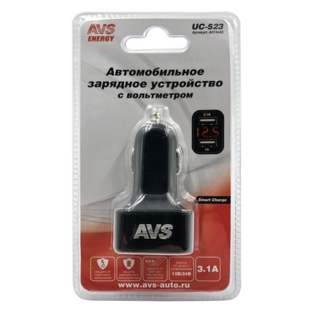 Автомобильное зарядное устройство USB AVS 2 порта UC-523 3А с вольтметром A07444S