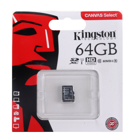 Карта памяти microSDXC 64Gb Kingston Canvas Select Class 10 UHS-I U1 80Mb/s без адаптера