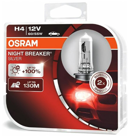 Галогенная лампа Osram H4 12V 60/55W (P43t) Night Breaker Silver DuoBox 64193NBS-HCB