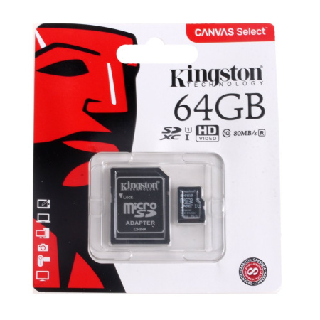 Карта памяти microSDXC 64Gb Kingston Canvas Select Class 10 UHS-I U1 80Mb/s с адаптером